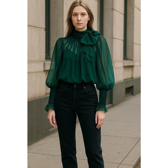 Ulla Johnson Lesli Silk Chiffon Blouse Women's Sz 6 Green Sheer Puff Sleeve Bow - Picture 13 of 14